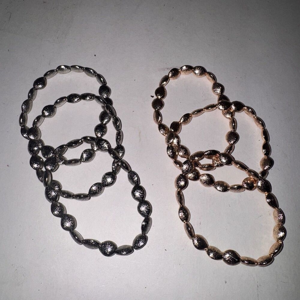 Lot 6 Stretch Beaded Bracelets Silver & Rose Gold Textured Stackable Boho